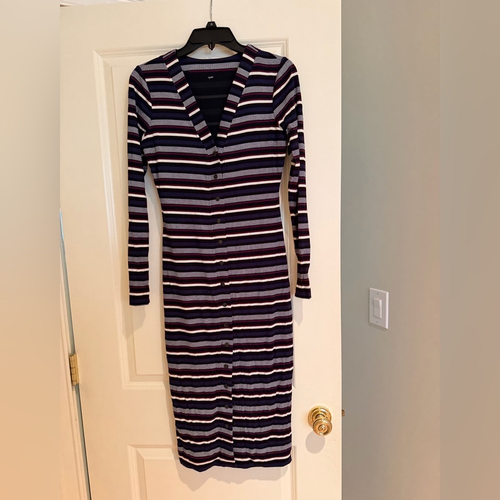 Anthropologie Striped Long-Sleeve Button-Front Midi Dress — Purple & Black